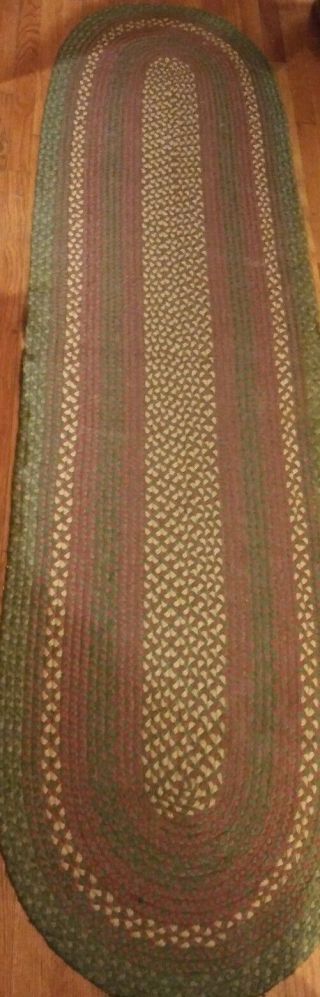 Vintage Braided Wool Runner 97”x 26” Colonial - Style Green Burgundy Tan Hallway