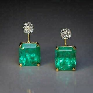 Vintage 4.  00 Ct Emerald & Diamond 14k Yellow Gold Over Solitaire Stud Earrings