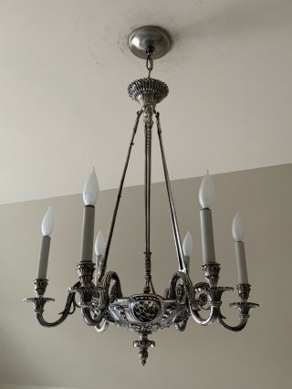SPECTACULAR Rare Antique Bronze Chandelier With Silver Plate Finish 10