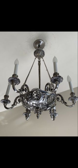 SPECTACULAR Rare Antique Bronze Chandelier With Silver Plate Finish 11