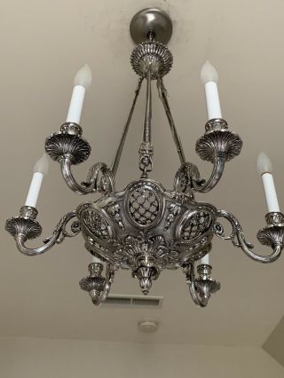 Spectacular Rare Antique Bronze Chandelier With Silver Plate Finish