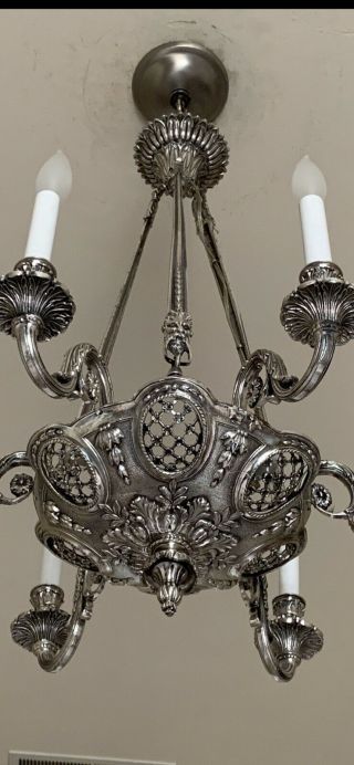 SPECTACULAR Rare Antique Bronze Chandelier With Silver Plate Finish 3
