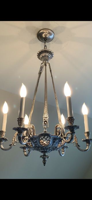 SPECTACULAR Rare Antique Bronze Chandelier With Silver Plate Finish 4
