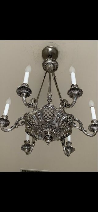 SPECTACULAR Rare Antique Bronze Chandelier With Silver Plate Finish 5