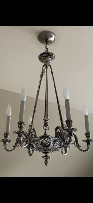 SPECTACULAR Rare Antique Bronze Chandelier With Silver Plate Finish 6
