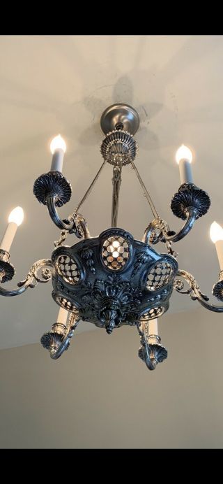 SPECTACULAR Rare Antique Bronze Chandelier With Silver Plate Finish 8