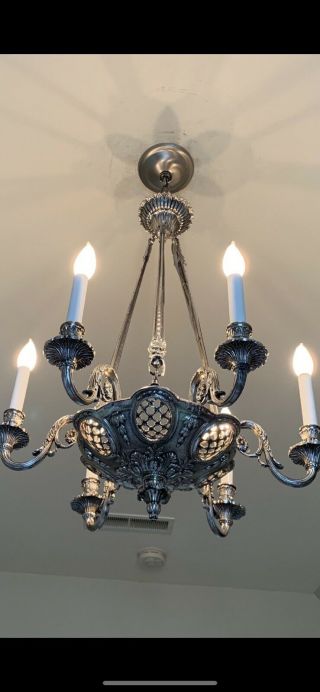 SPECTACULAR Rare Antique Bronze Chandelier With Silver Plate Finish 9