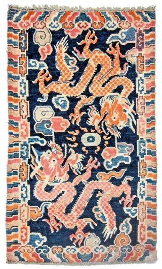 Antique Tibetan Dragon Khaden Rug,  C1900 Tibet,  Primitive Weave: 3x5 