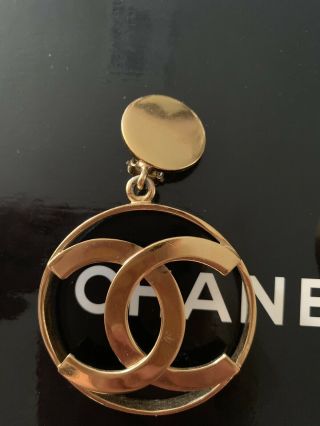 Auth Vintage Chanel Iconic Large CC Gold Dangling Hoop Earrings 4