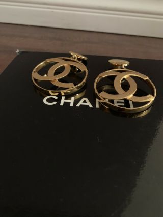 Auth Vintage Chanel Iconic Large CC Gold Dangling Hoop Earrings 6