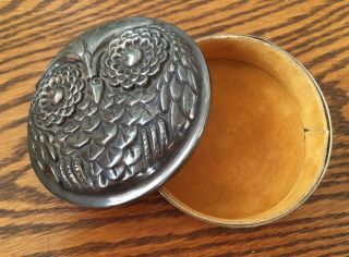 Vintage Reed & Barton Silversmith Owl Jewelry Powder Box.  Velvet Lined Silver