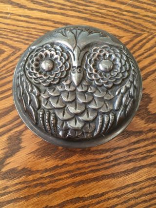 Vintage Reed & Barton Silversmith Owl Jewelry Powder Box.  Velvet Lined Silver 2