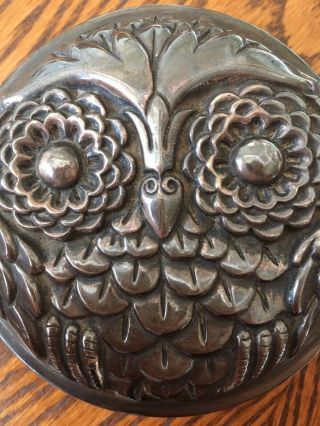Vintage Reed & Barton Silversmith Owl Jewelry Powder Box.  Velvet Lined Silver 3