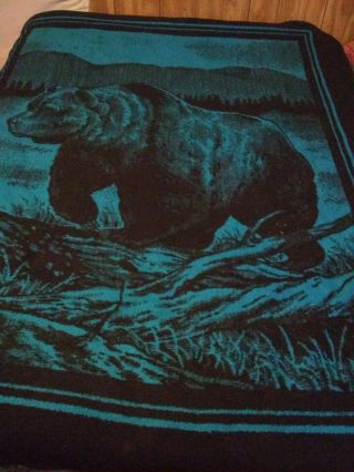 San Marcos Blanket Vtg Grizzly Bear Blue Black W/tag 66x82 Euc Vintage Thick