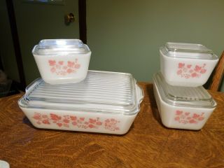 Vintage Pyrex Pink Gooseberry Refrigerator Dishes With Covers Set Of 4