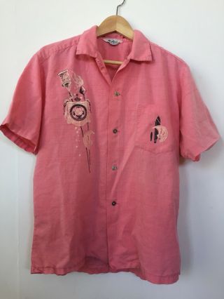1950s Pink Black Hawaiian Flag Tiki Fish Surf M/l Shirt Loop Collar Silk Cotton