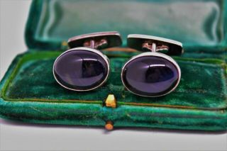 Vintage Mens Sterling Silver Cufflinks With Rare Blue Tigers Eye Design G709