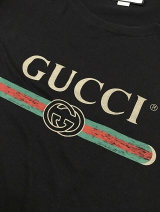 Gucci Washed Vintage T - Shirt Men ' s Black Distressed Logo Tee - Size M 2