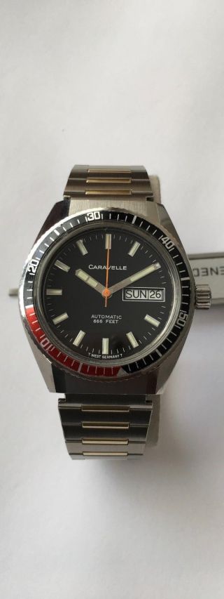 Vintage Caravelle Diver Watch 666 Feet Automatic West Germany Dual Date Black