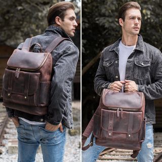 Vintage Large Mens Leather 15.  6  Laptop Backpack Travel Outdoor Handbag Book Bag 2