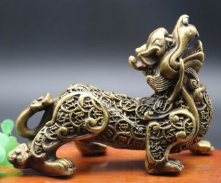 13 Cm Chinese Pure Brass Foo Dog Lion Kylin Dragon Wealth Fengshui Animal Statue