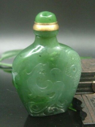 Antique Chinese Celadon Nephrite Hetian Green Jade Dragon Snuff Bottle 1