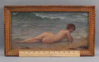 Antique CHARLES A LENOIR French Impressionist Nude Woman Beach Oil Painting NR 2