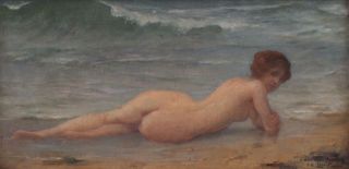 Antique CHARLES A LENOIR French Impressionist Nude Woman Beach Oil Painting NR 3