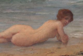 Antique CHARLES A LENOIR French Impressionist Nude Woman Beach Oil Painting NR 4