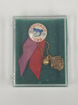 Vintage 1951 Chicago Cubs Pin Button W/ Ribbon Ball And Glove Charms
