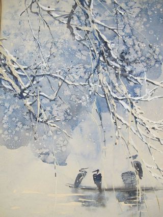 Watercolor Gouache Chinese School Landscape Winter Cormorants - Wen Xindan Yqz