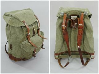 Vintage Swiss Army Mountain Backpack Rucksack,  Salt & Pepper Canvas And Leather