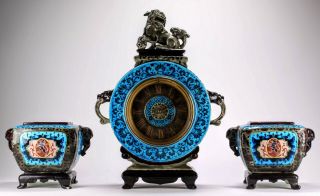 Antique Chinese Motif Ceramic Clock & Garniture Set J Vieillard & Co Bordeaux