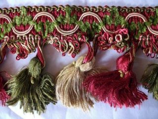 Quality Vintage French Silk & Chenille Red /gold / Olive Green Tassel Trim