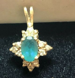 Estate Vintage 14k Gold Natural Green Emerald & Diamond Pendant Gemstone