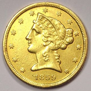 1859 - C Liberty Gold Half Eagle $5 - Xf / Au Details - Rare Charlotte Coin
