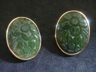 A Large Vintage Chinese Carved Spinach Jade & Silver Gilt Clip Earrings