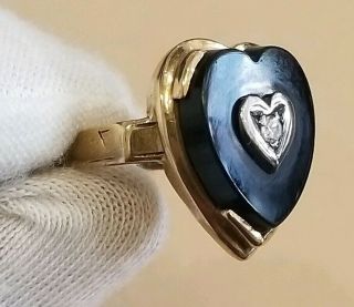 Antique Art Deco 10k Solid Yellow Gold Heart Shaped Black Onyx Diamond Ring Sz 4