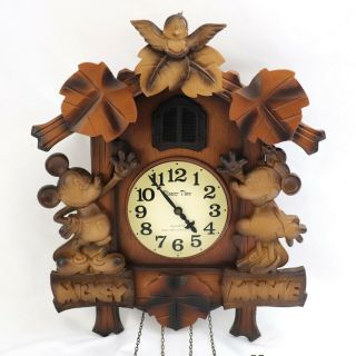 Vtg Mickey Mouse & Minnie German Style Wood Cuckoo Wall Clock