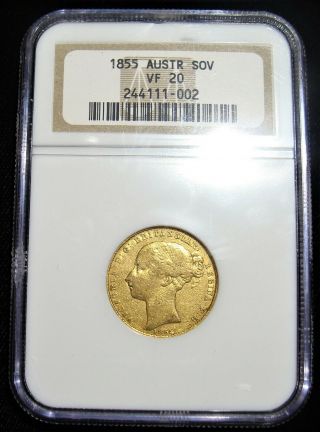 Australia: Victoria gold Sovereign 1855 - SYDNEY VF20 NGC.  RARE 3