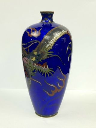 Antique Japanese Meiji Period Blue Cloisonné Vase With Dragons Great Detail No/r