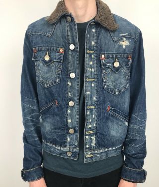 Vintage True Religion Denim Jacket | Jimmy Sherpa Row M Trucker | Medium Blue