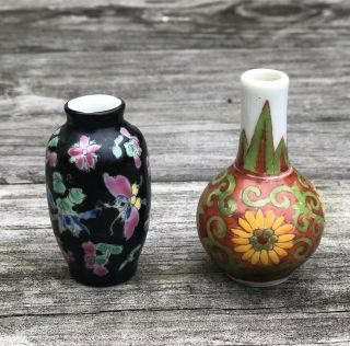 Pair Miniature Antique Chinese Export Porcelain Floral Butterfly Signed Vases