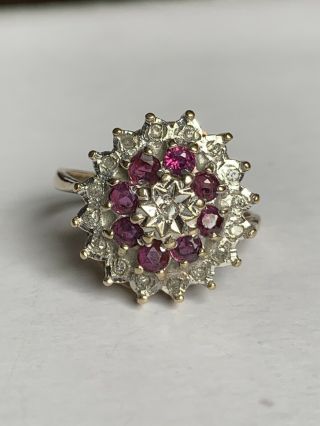 Vintage 9ct Gold Ruby And Diamond Cluster Ring