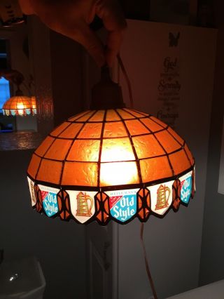 Vtg Old Style Beer Stained Glass Plastic Tiffany Style Hanging Lamp Light Bar