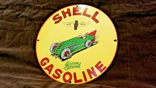 Vintage Shell Gasoline Porcelain Race Car Auto Service Station Pump Plate Sign