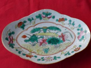 Antique Chinese Famille Verte Polychrome Enameled Footed Oval Dish
