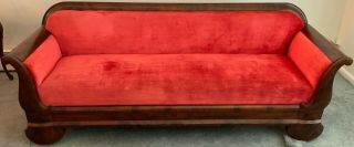 Antique 19th C.  Victorian Mahogany & Velvet Empire Style Sleigh End Sofa - Meeks