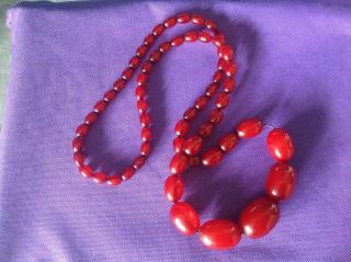 Art Deco Cherry Red Amber Bakelite Faturan Bead 72g Necklace