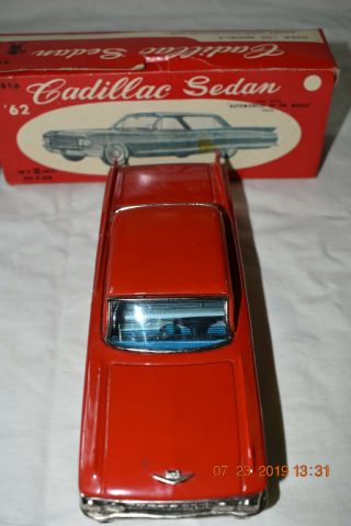 Vintage ' 62 Bandai Japan Tin Litho Cadillac Sedan Friction Toy Car Ex/NM W/OB 4